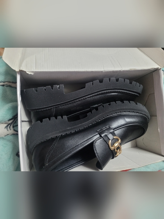 Source Unknown Shoes - Black Leather Platform Loafers with Gold Hardware